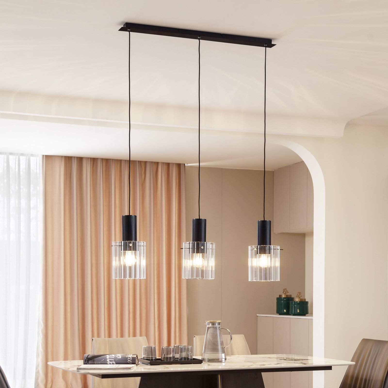Lucande Suspension Eirian, 90 cm, à 3 lampes, noir, verre