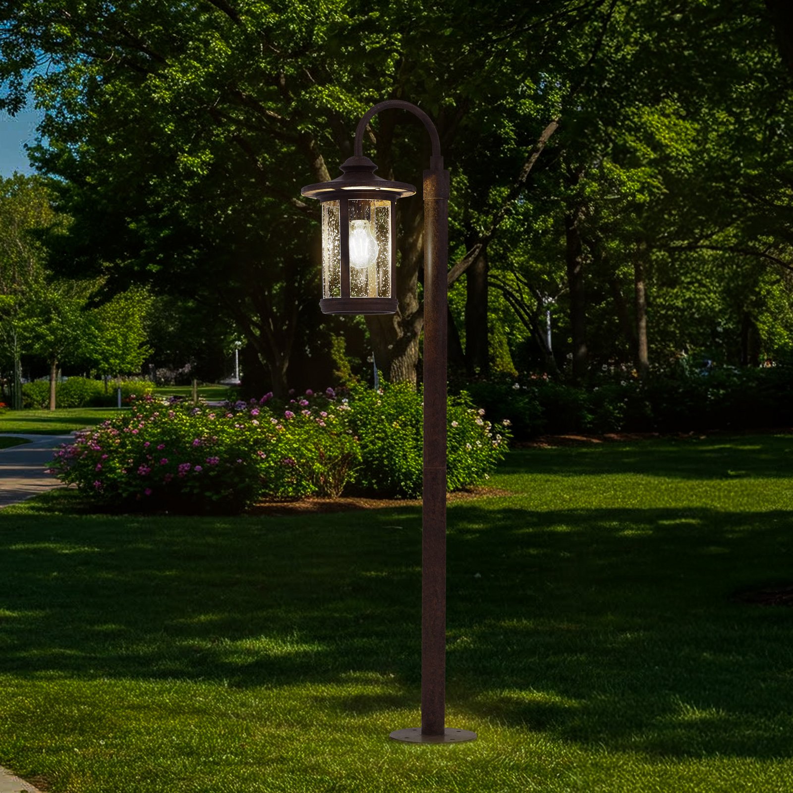 Lindby, borne lumineuse Zayn, couleur rouille, verre, hauteur 109 cm, IP65