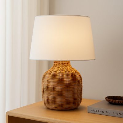 Lampe à poser Lindby Lirenda, hauteur 52 cm, rotin, naturel/blanc