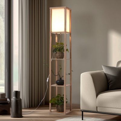 Lindby lampe sur pied Birta, couleur bois/blanc, étagère, bois