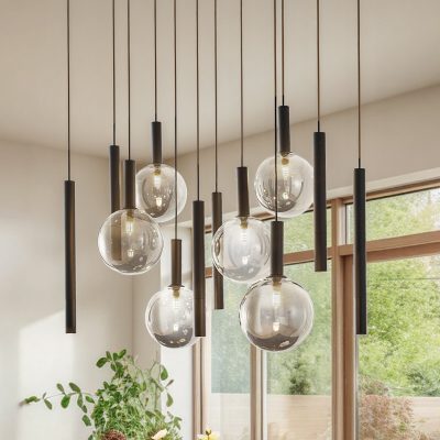 Lucande suspension Lumavia, à 12 lampes, verre, noir/transparent, G9