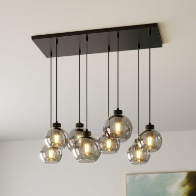 Suspension Cubus, 95 cm de long, à 8 lampes, gris fumé, verre