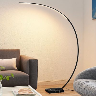 Lindby LED Lampadaire arqué Kendra, noir, aluminium, hauteur 180cm