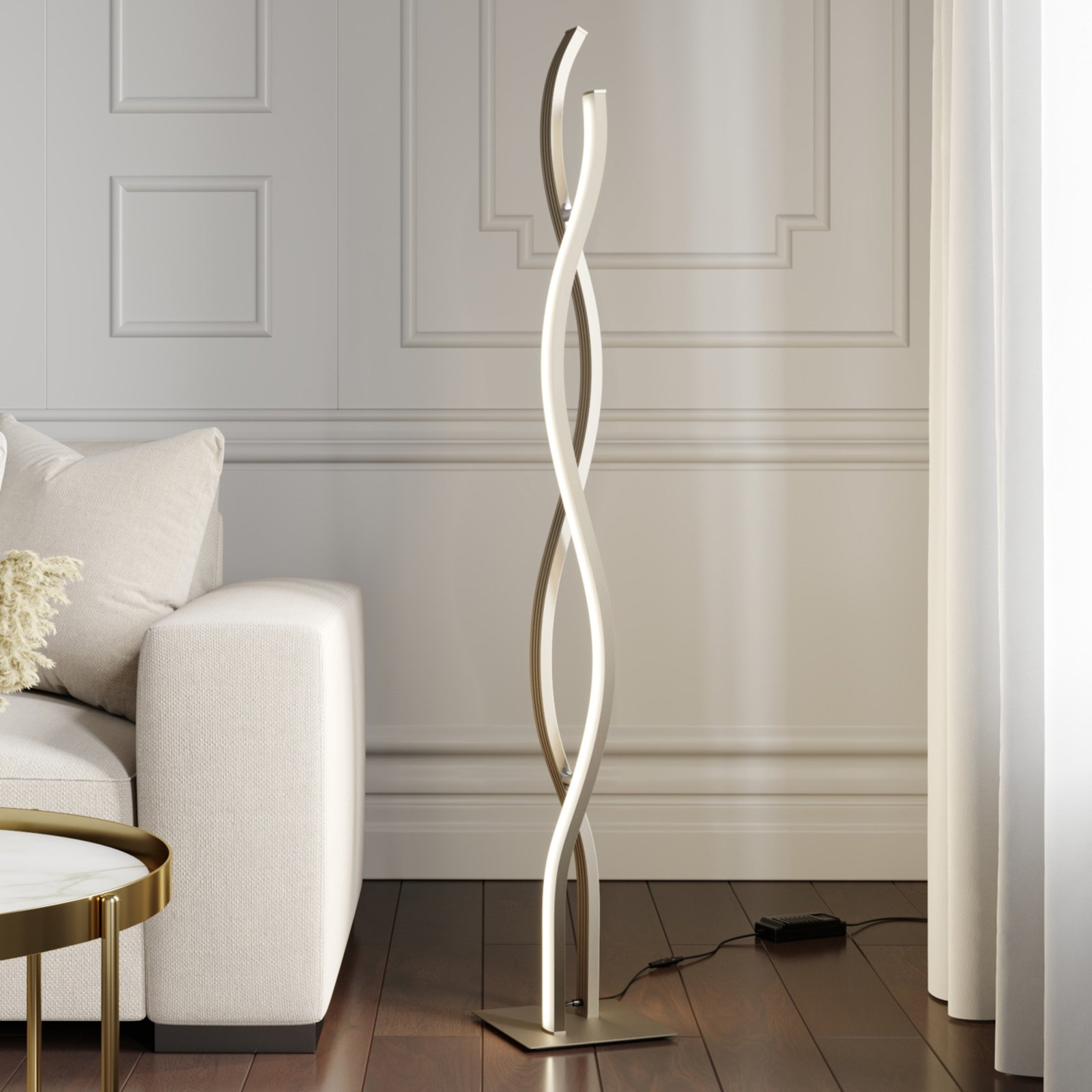 Lucande lampe sur pied LED Mairia, argenté, ondulé